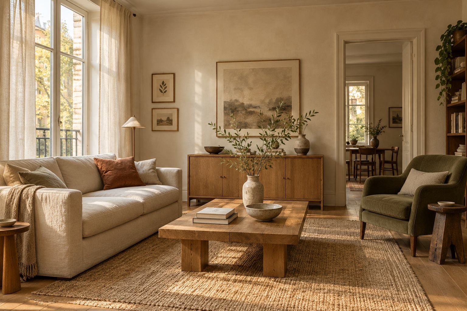 AI concept of a compact living room with a linen sofa and warm natural light
