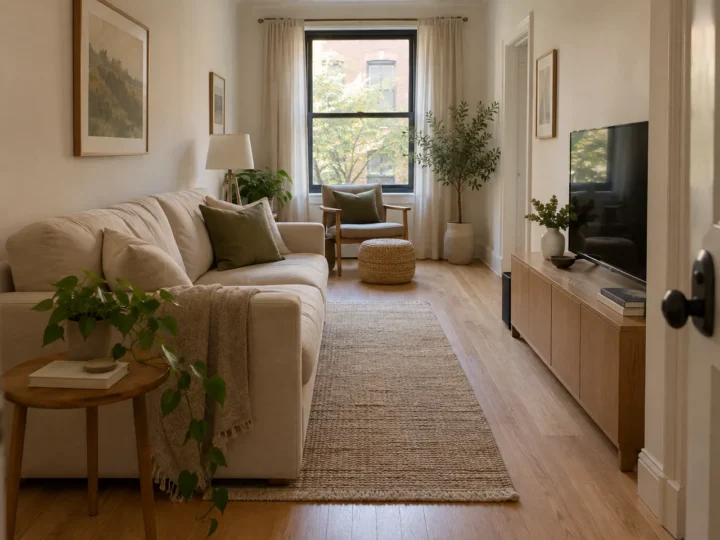 AI concept of a narrow living room with a sofa along the long wall and an open walking route.