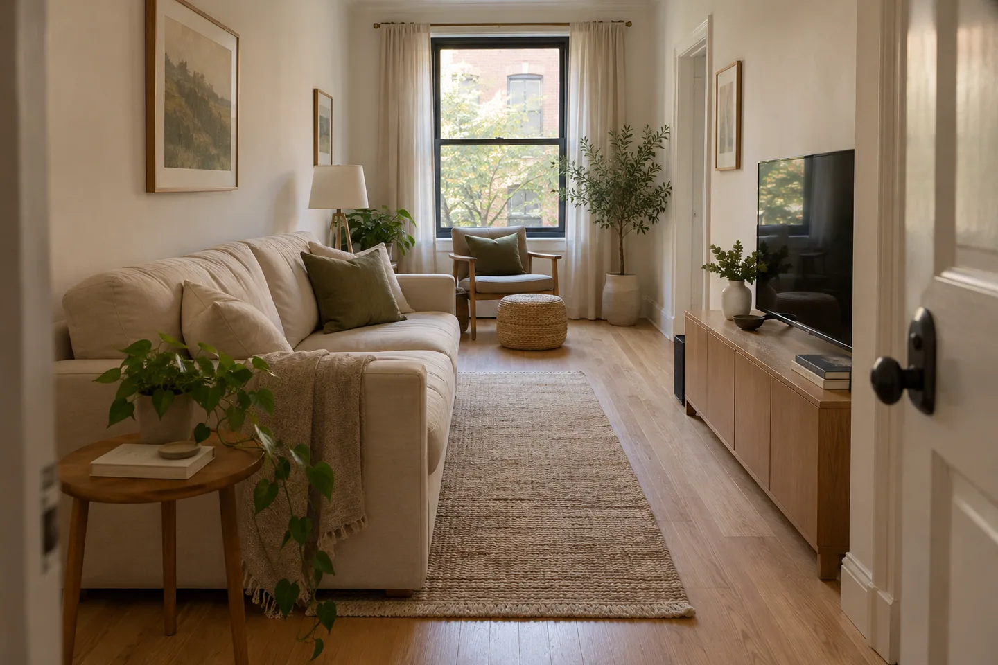 AI concept of a narrow living room with a sofa along the long wall and an open walking route.