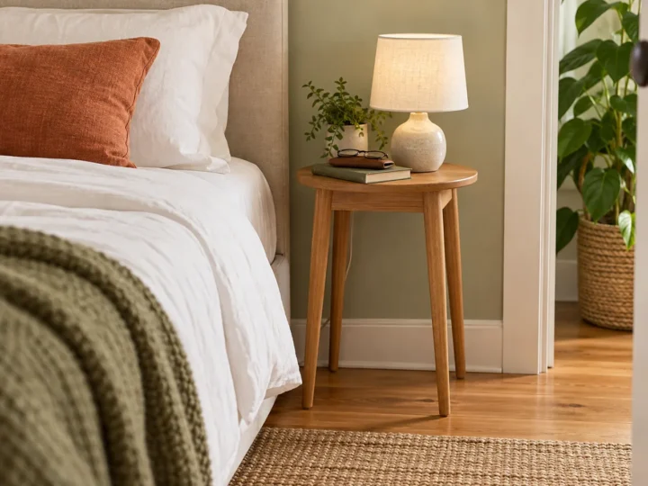 AI concept of a slim oak side table beside a bed, holding a lamp and books.