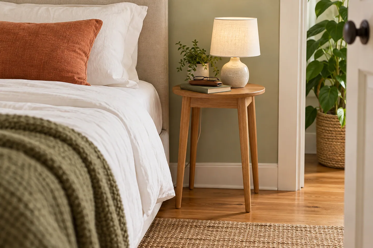 AI concept of a slim oak side table beside a bed, holding a lamp and books.