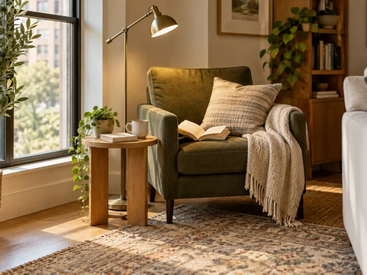 AI concept of a reading corner with an olive armchair, floor lamp, book, and small table.