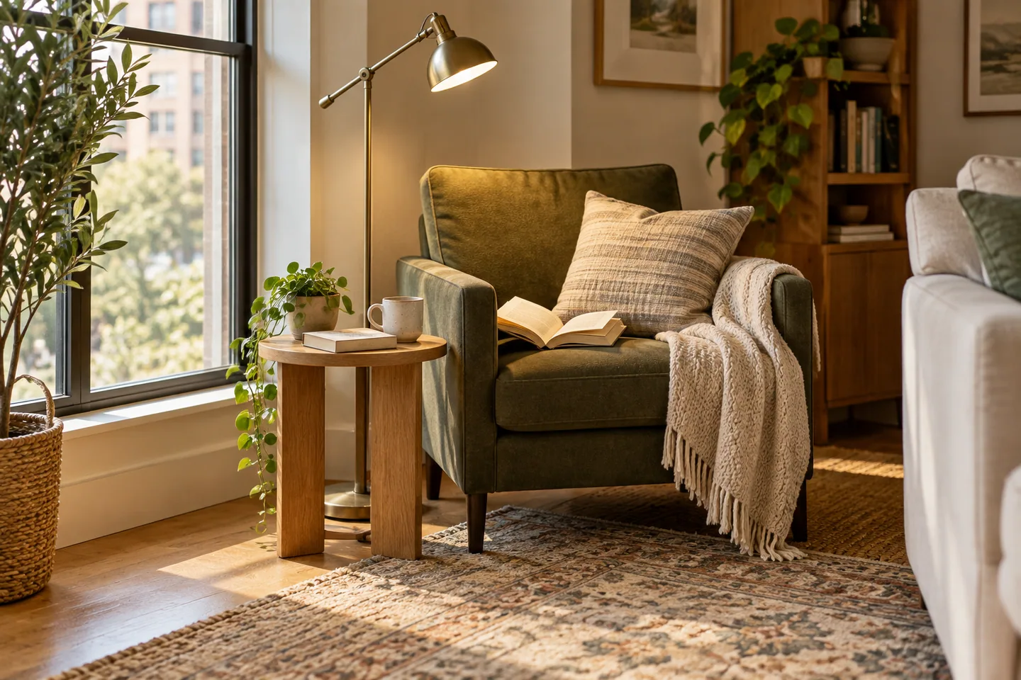 AI concept of a reading corner with an olive armchair, floor lamp, book, and small table.