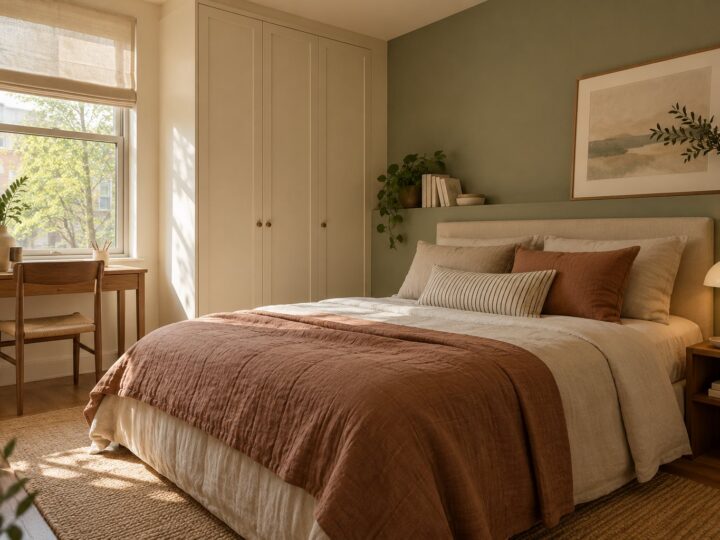 Bedroom concept with oatmeal bedding, a terracotta throw, and compact wooden furniture.
