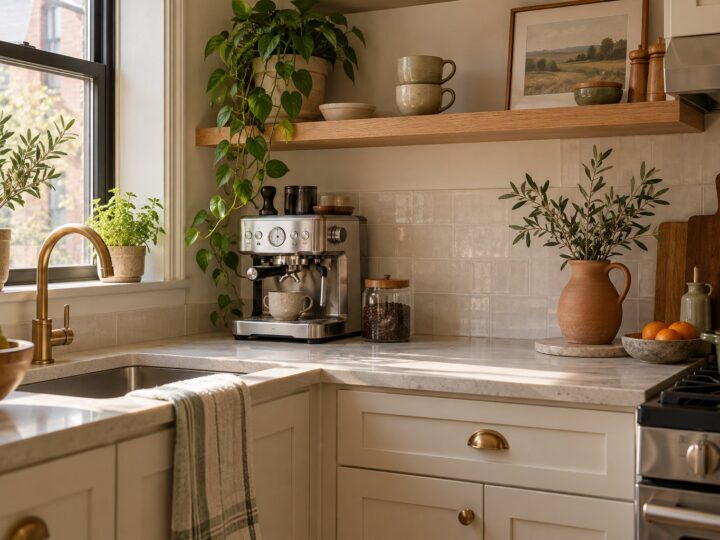 Concept of a compact coffee station on a pale stone kitchen counter.
