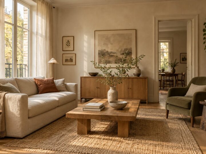 Concept of a compact living room with a linen sofa, wood coffee table, and warm natural light.