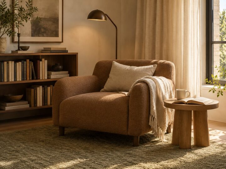 Reading corner concept with an upholstered chair, slim lamp, small table, and books.