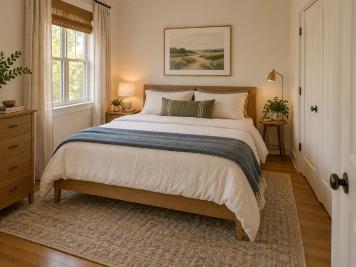AI concept of a compact bedroom with a queen bed and separate bedside access.