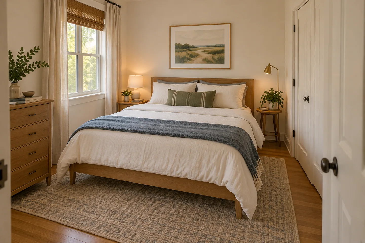 AI concept of a compact bedroom with a queen bed and separate bedside access.