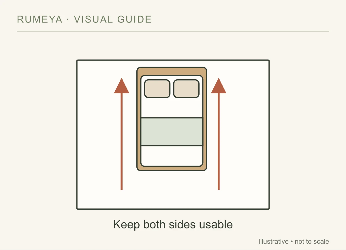 A centered headboard can preserve access for two sleepers.