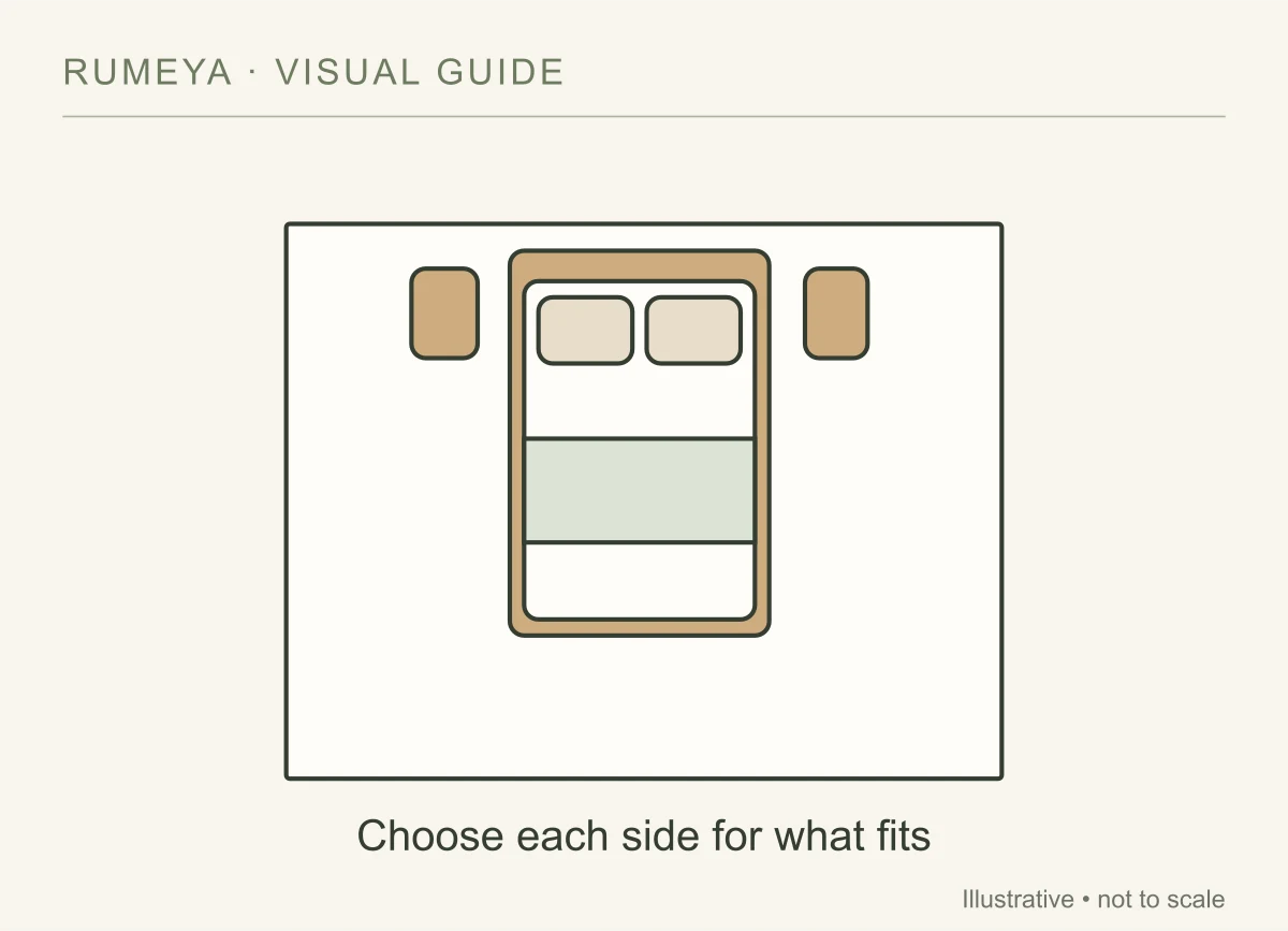 Different small bedside surfaces can fit better than a matching set.