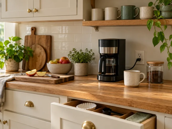 AI concept of a compact coffee station beside a clear food-preparation area.