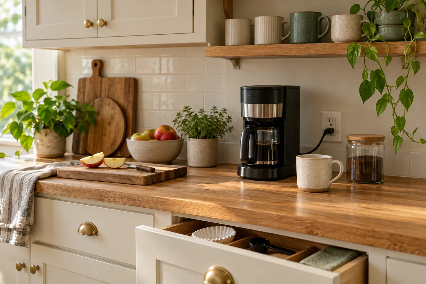 AI concept of a compact coffee station beside a clear food-preparation area.