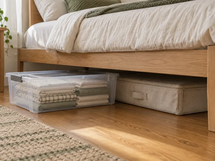 AI concept of low storage containers beneath an oak bed, with one bin pulled out for access.