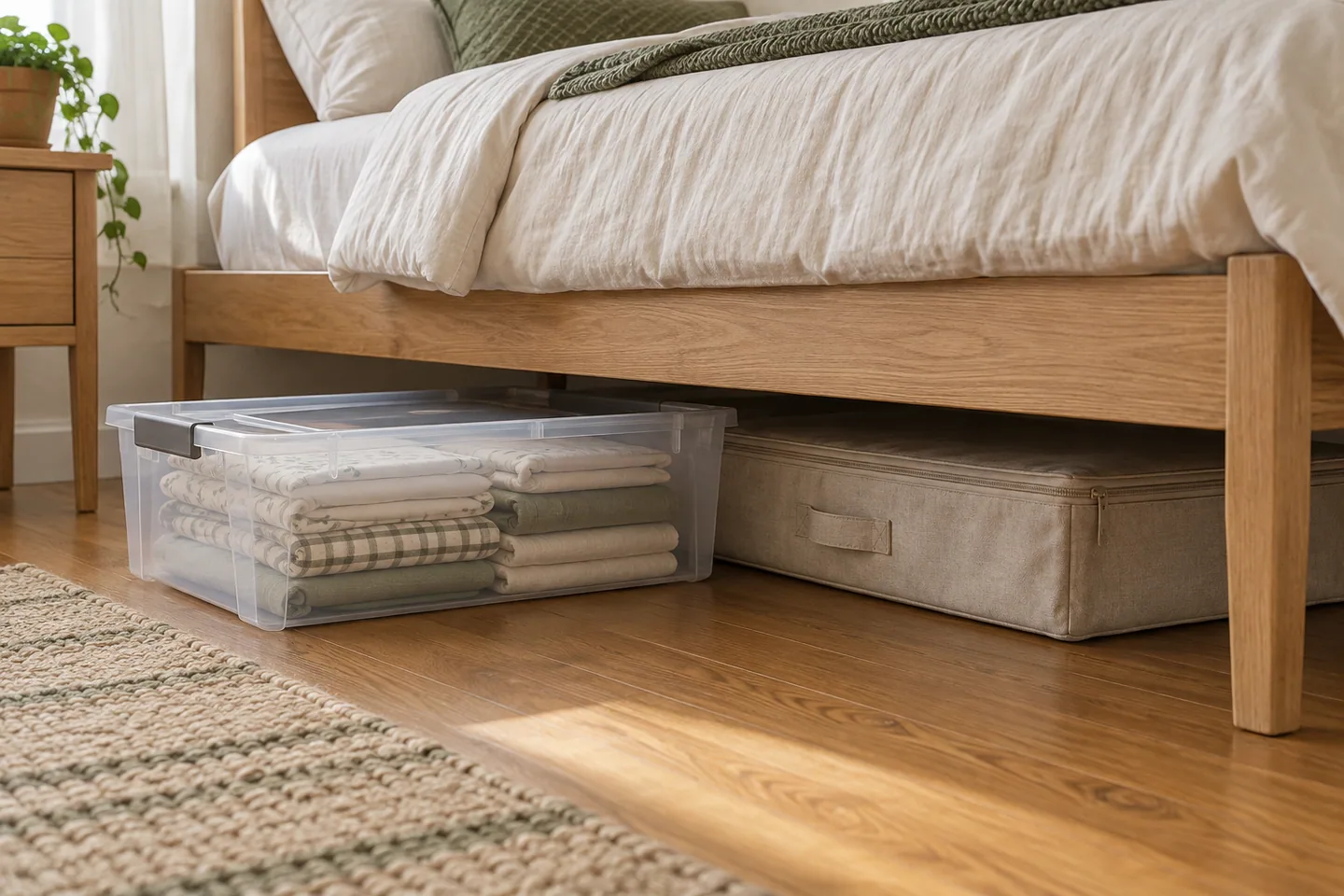 AI concept of low storage containers beneath an oak bed, with one bin pulled out for access.
